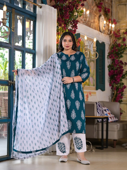 Women Plus Size Teal Green Viscose Rayon Kurta Set With Dupatta